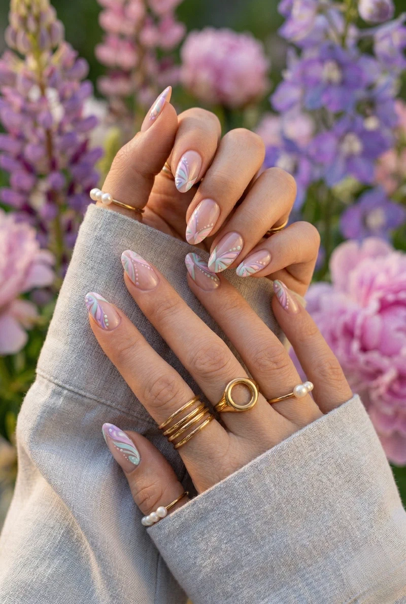 Butterfly wing french tip nail design with pastel wings at tip corners