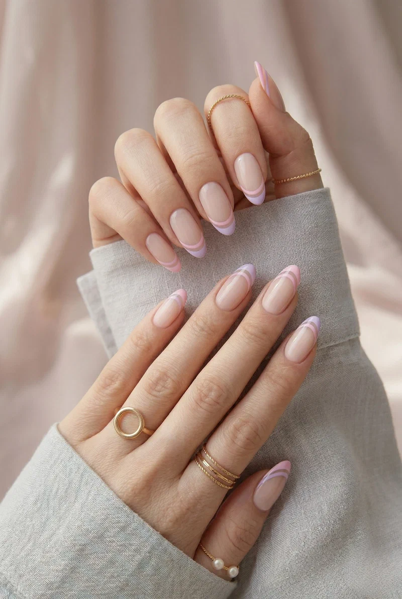 Double line french tip nails with pink and lilac thin lines