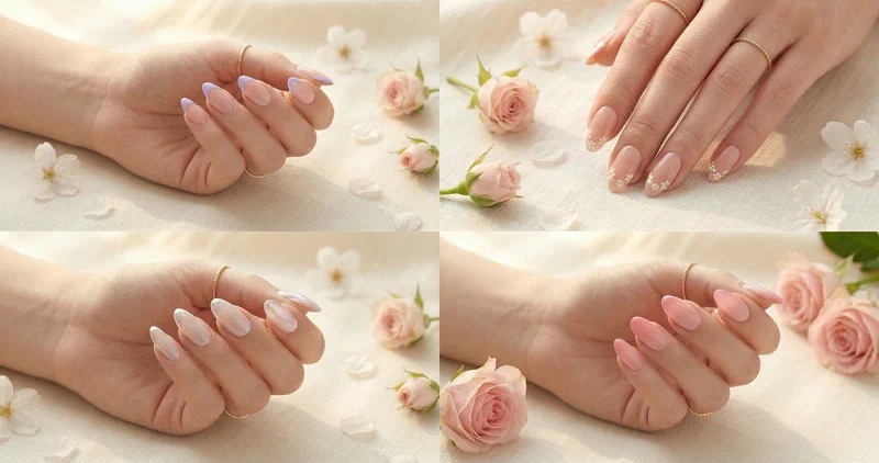 Collage of four spring french tip nail designs including pastel lavender tips, micro floral french, glazed chrome tips, and pink ombre french