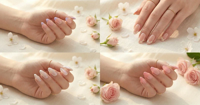 Collage of four spring french tip nail designs including pastel lavender tips, micro floral french, glazed chrome tips, and pink ombre french