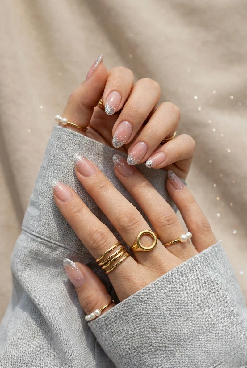 Glitter french tip nails with fine silver sparkle on tips