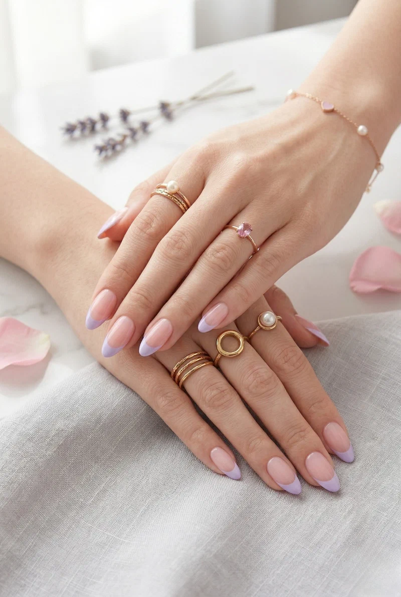 Lavender cream french tip nails on short almond nails