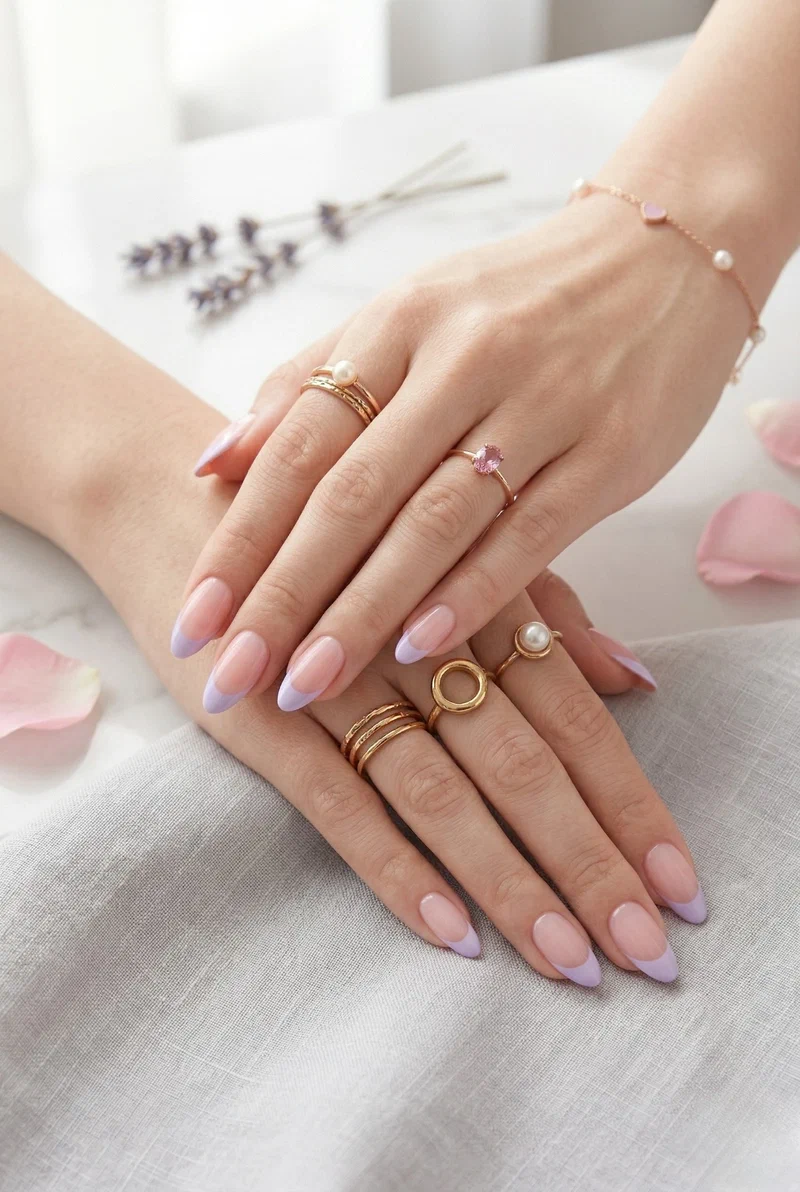 Lavender cream french tip nails on short almond nails