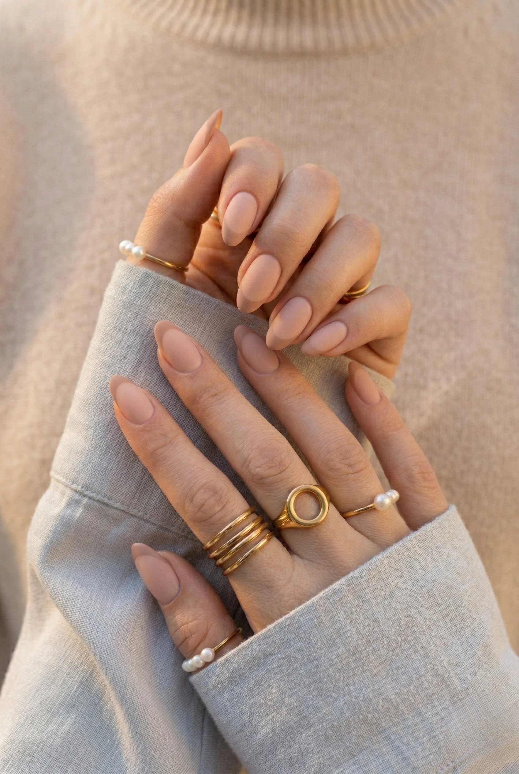 Two-tone nude matte French tip nails