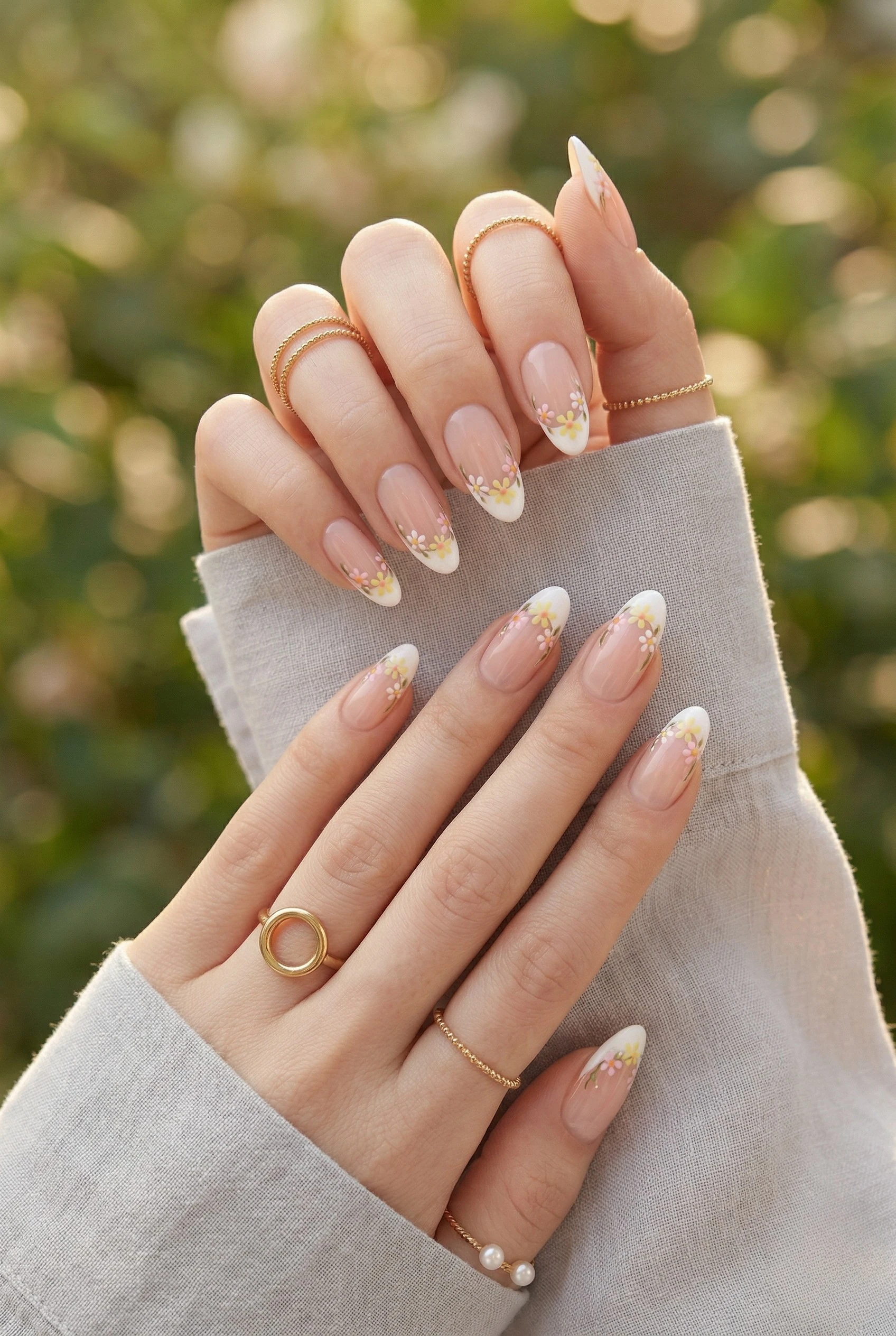 Micro floral French tips with daisies