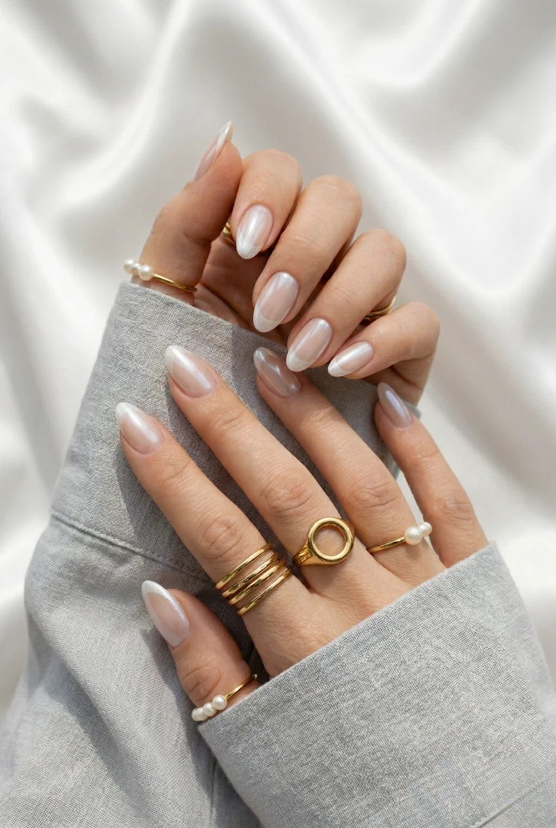 Milky white glazed french tip nails with pearly sheen