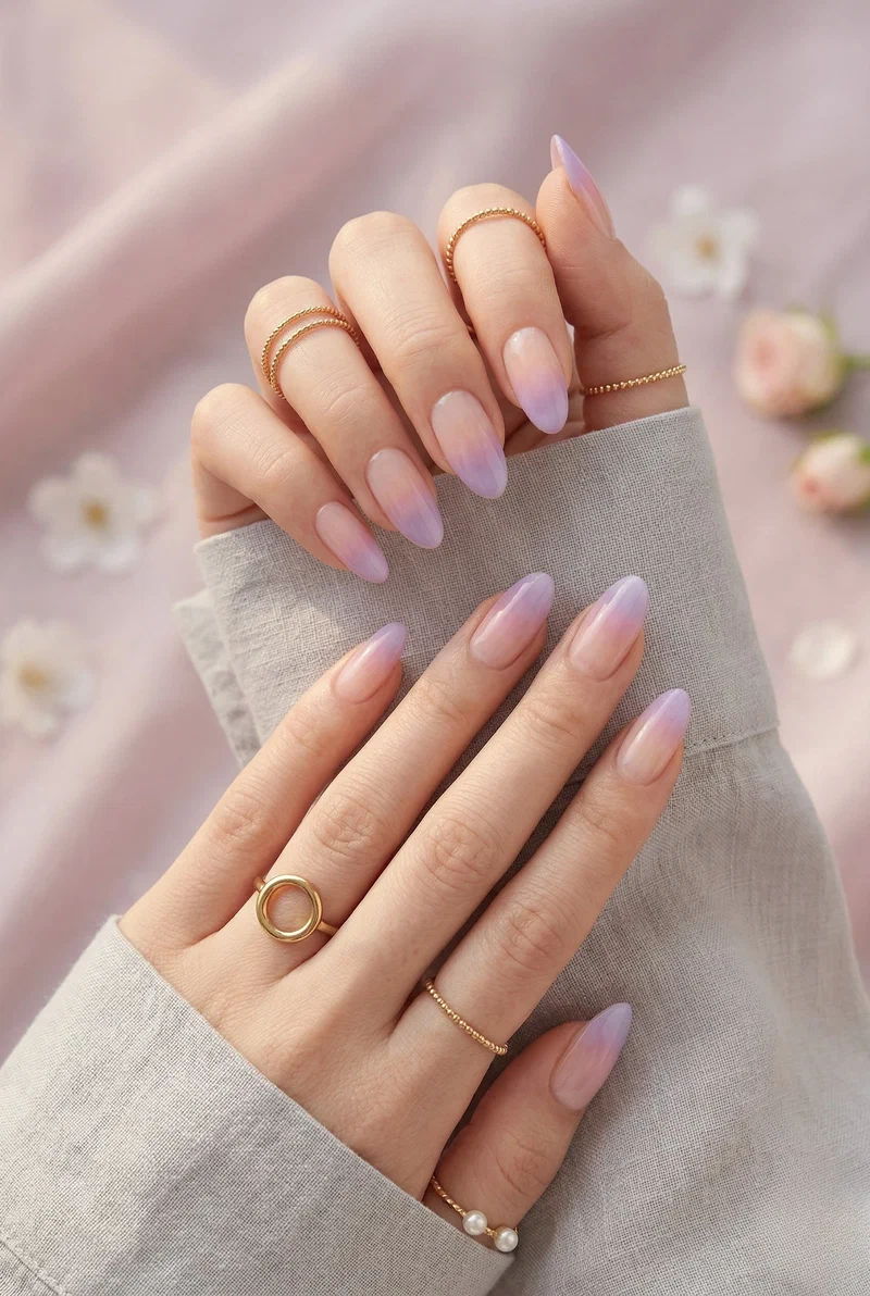 Pastel ombre french tip nails with soft lilac gradient