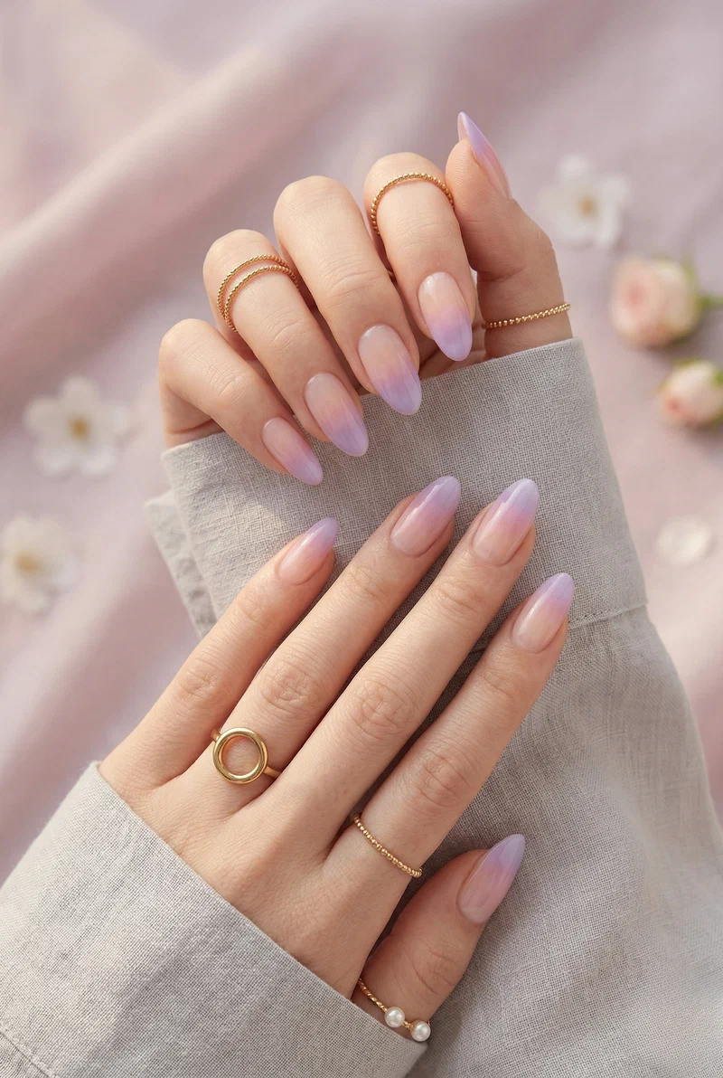 Pastel ombre french tip nails with soft lilac gradient
