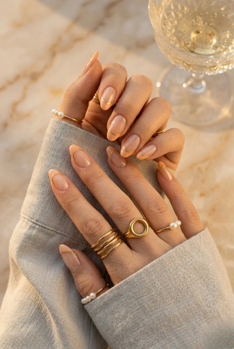 Peach french tip nails with thin gold accent line