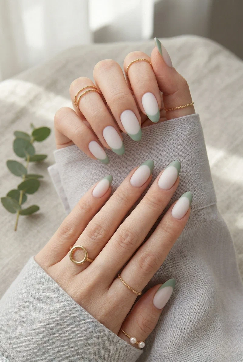 Sage green french tip nails with matte finish