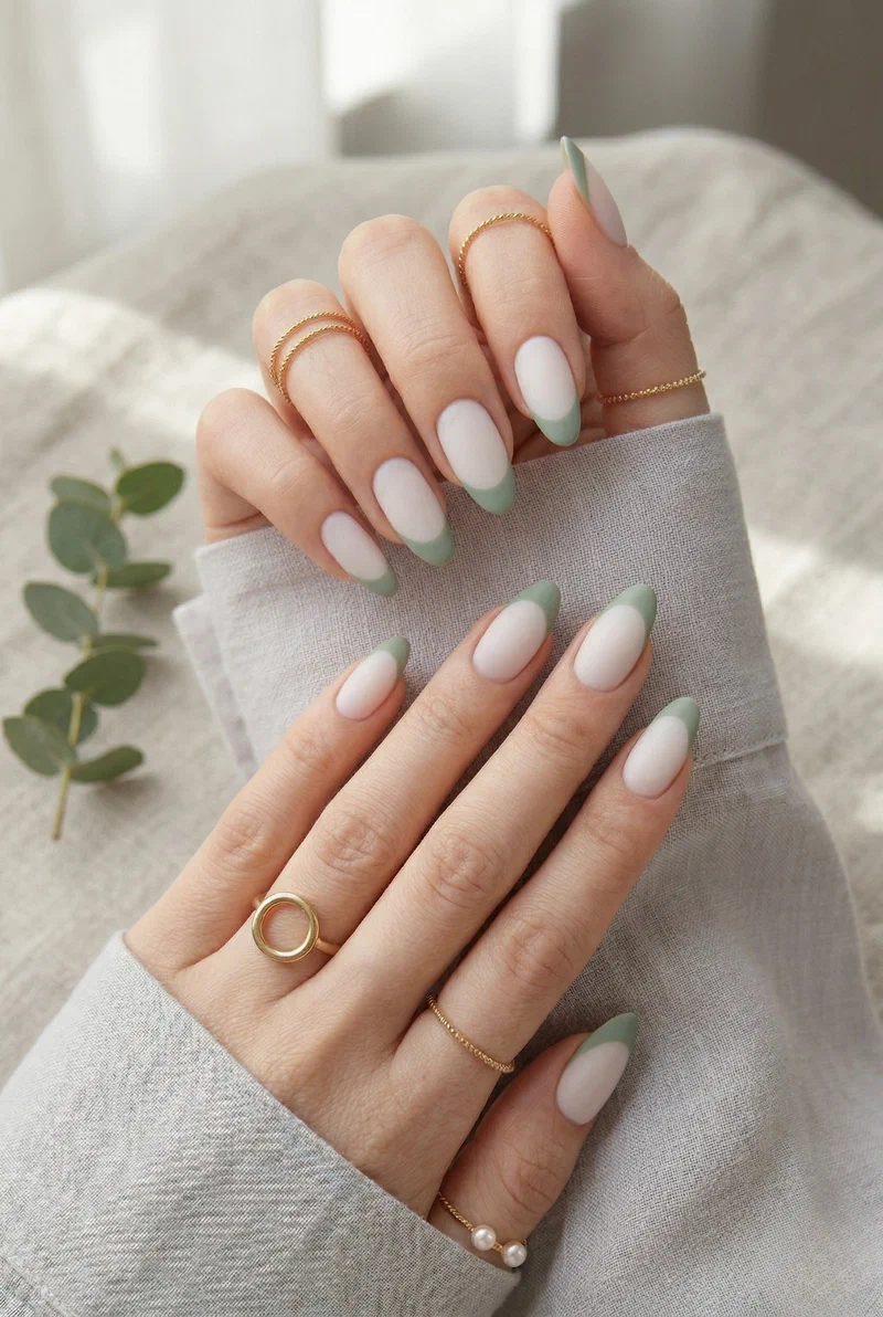Sage green french tip nails with matte finish