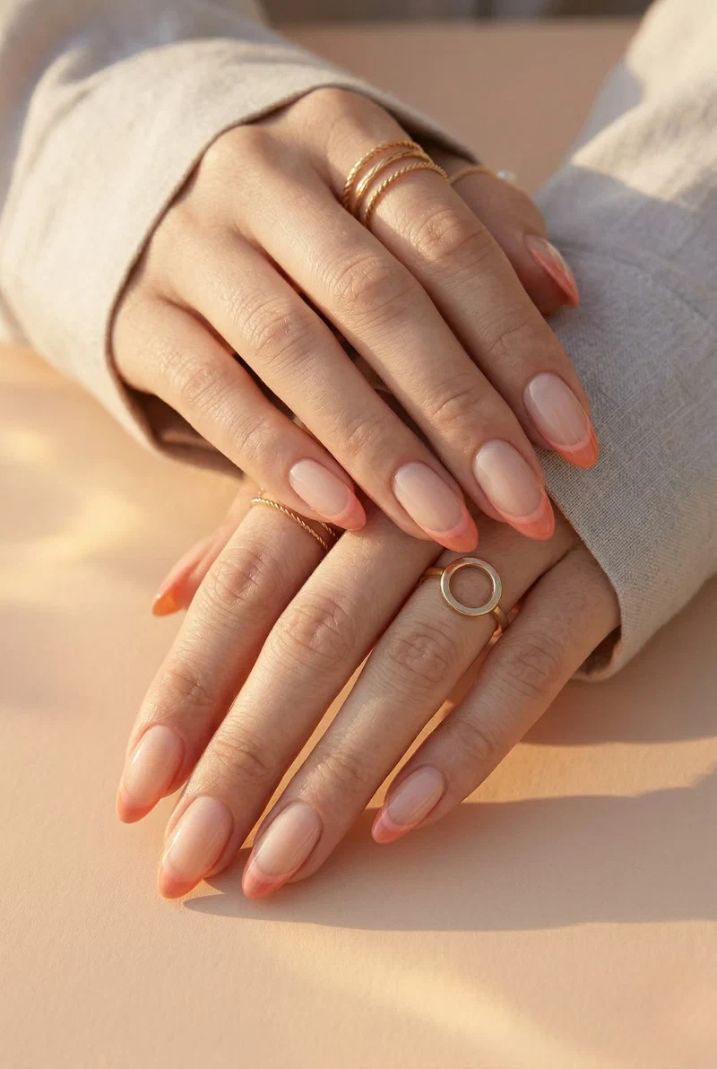 Soft coral french tip nails on medium almond nails