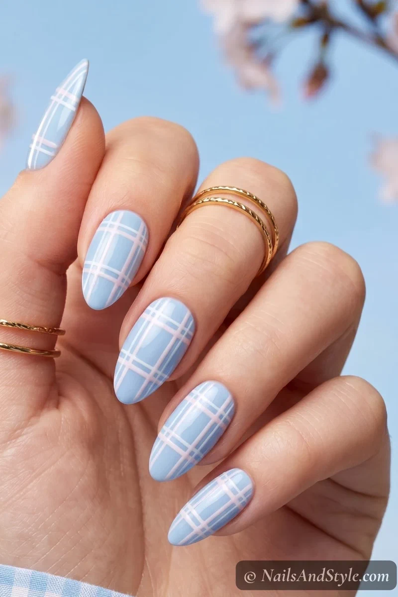 Baby blue plaid nails with white and pink check pattern