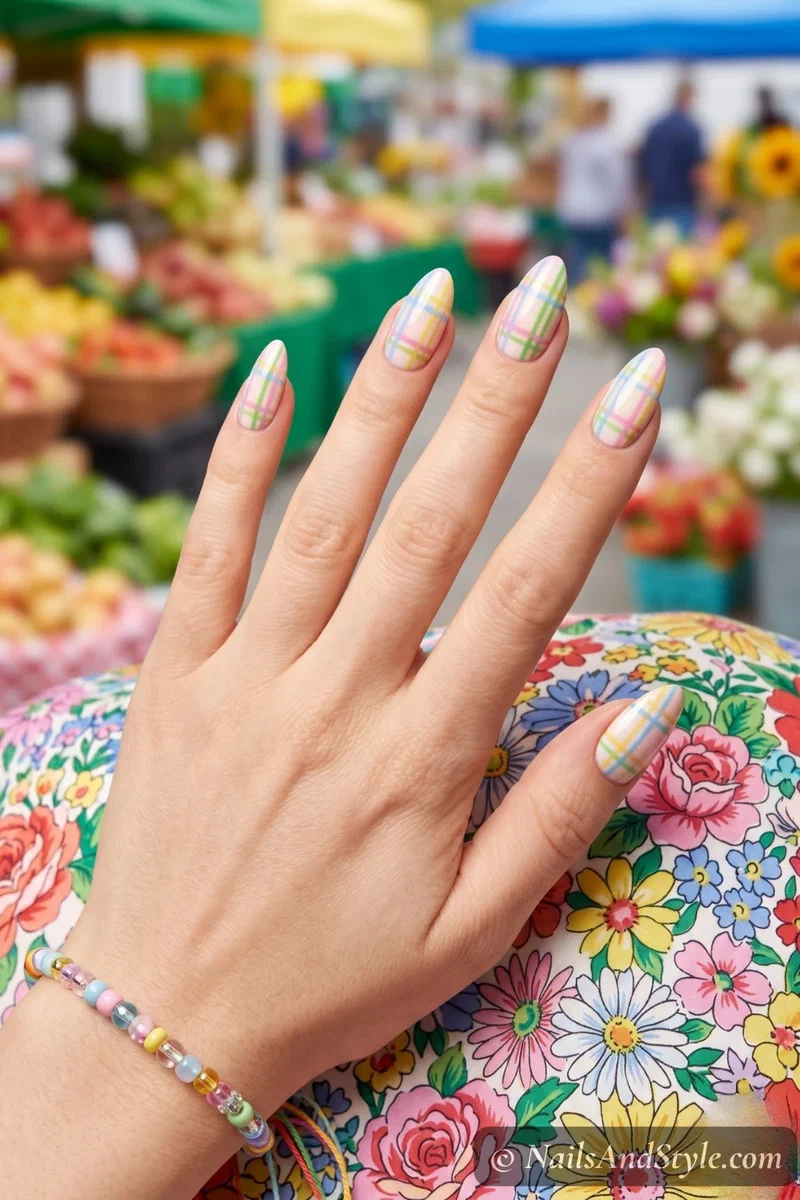 Colorful spring tartan nails with multiple bright pastel plaid lines