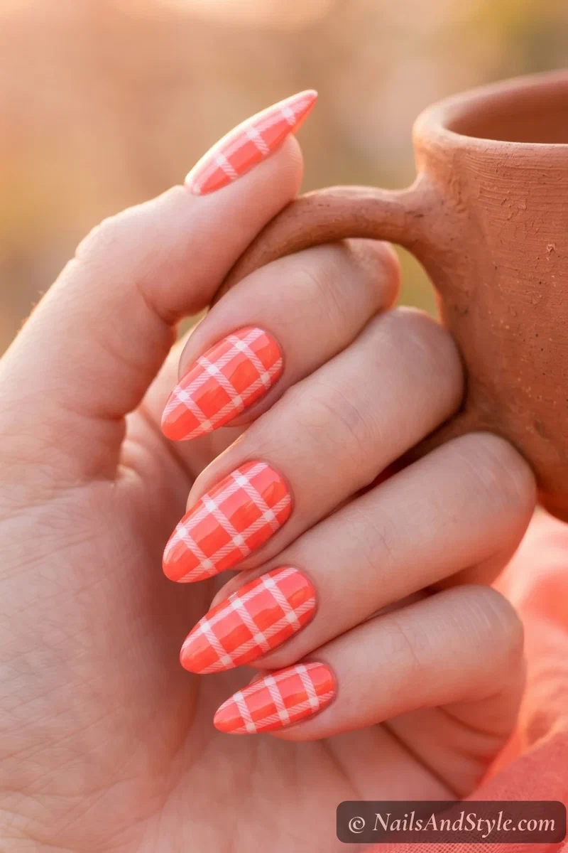 Coral gingham plaid nails with white check pattern