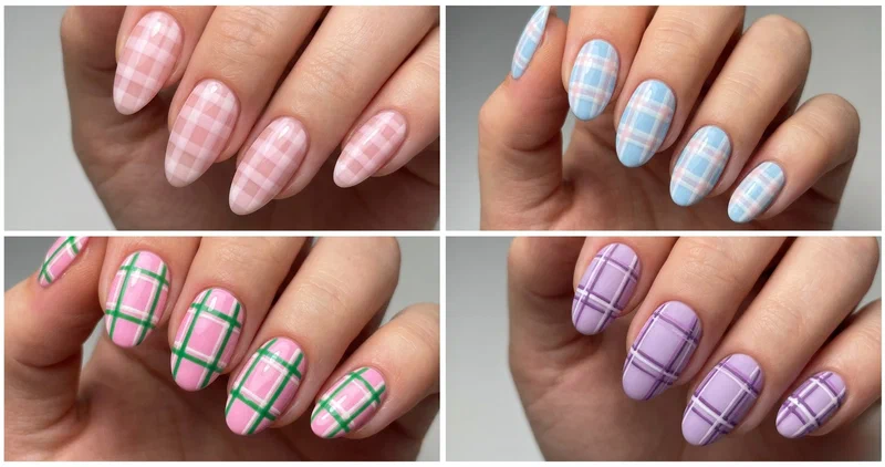 Collection of cute spring plaid nail designs in pastel colors
