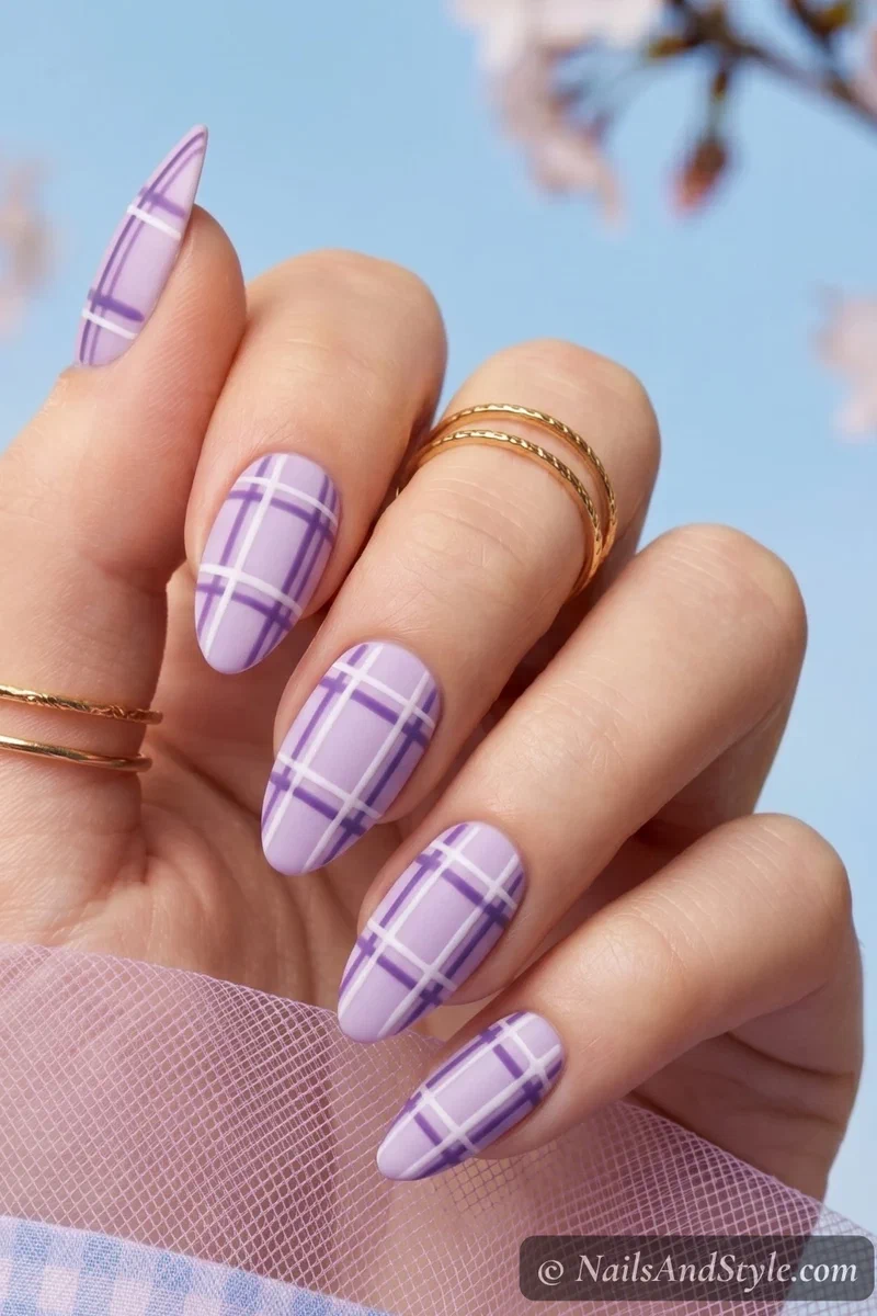 Matte lilac plaid nails with purple and white lines