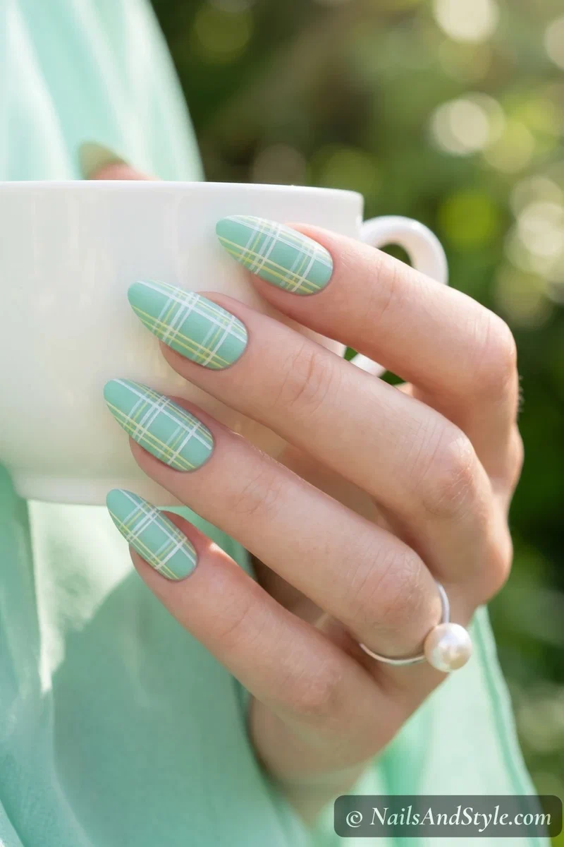 Mint green tartan plaid nails with white and yellow detail lines