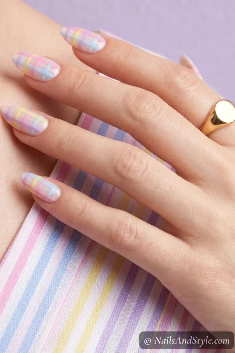Pastel rainbow plaid nails with multi-colored gingham lines