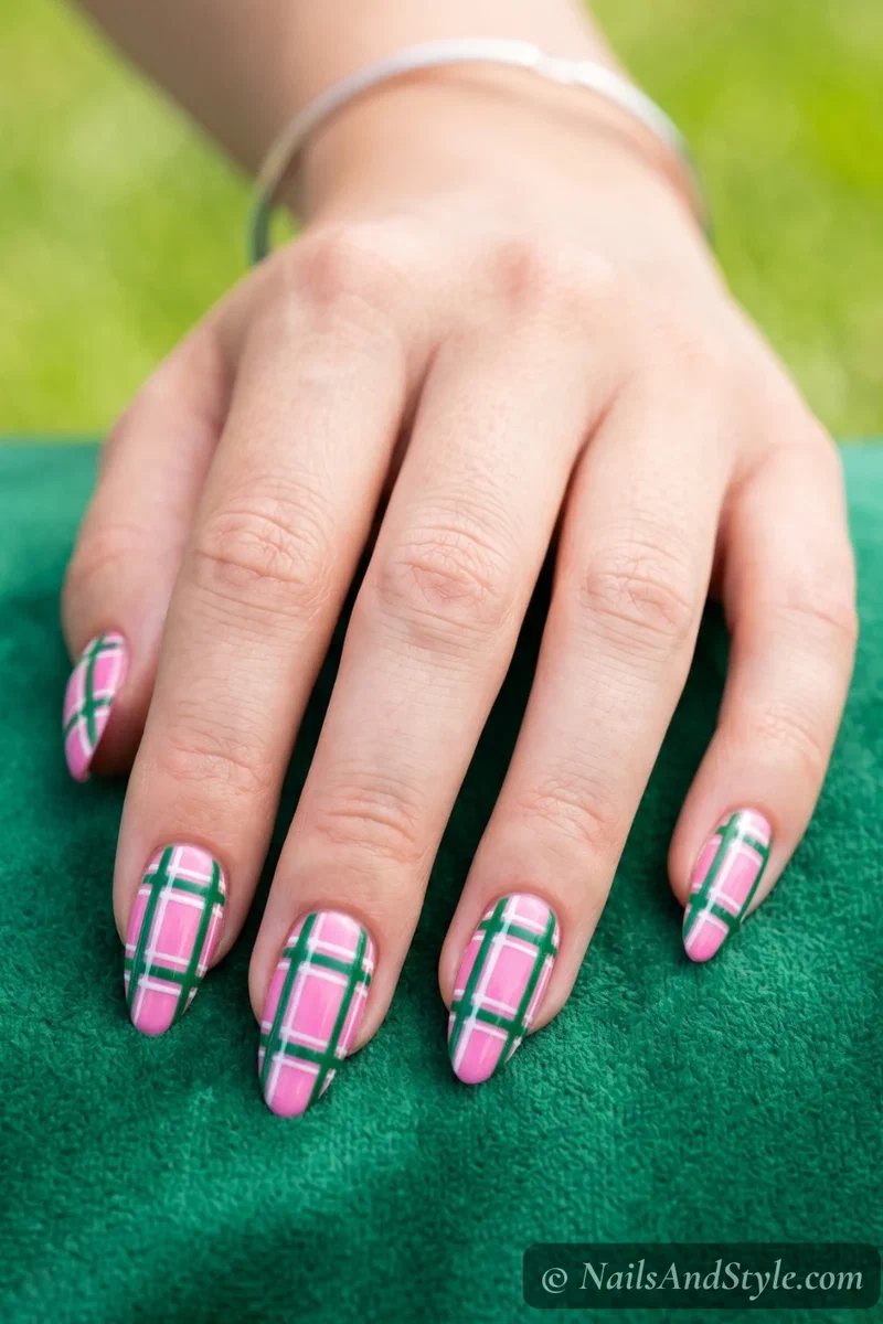Pink and green preppy plaid nails with bold checked pattern