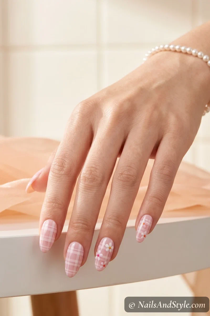 Pastel plaid nails with tiny floral accents on select fingers