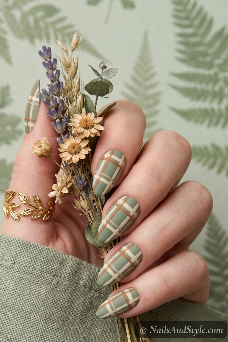 Sage green and cream tartan plaid nails with burnt orange accent