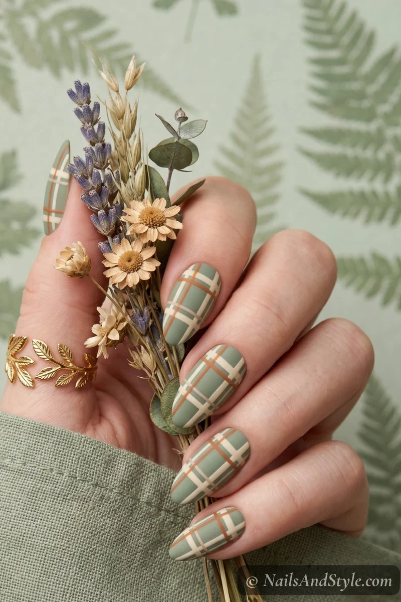 Sage green and cream tartan plaid nails with burnt orange accent
