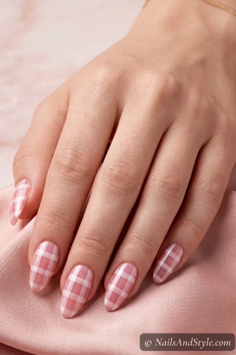 Soft pink gingham plaid nails on short almond nails