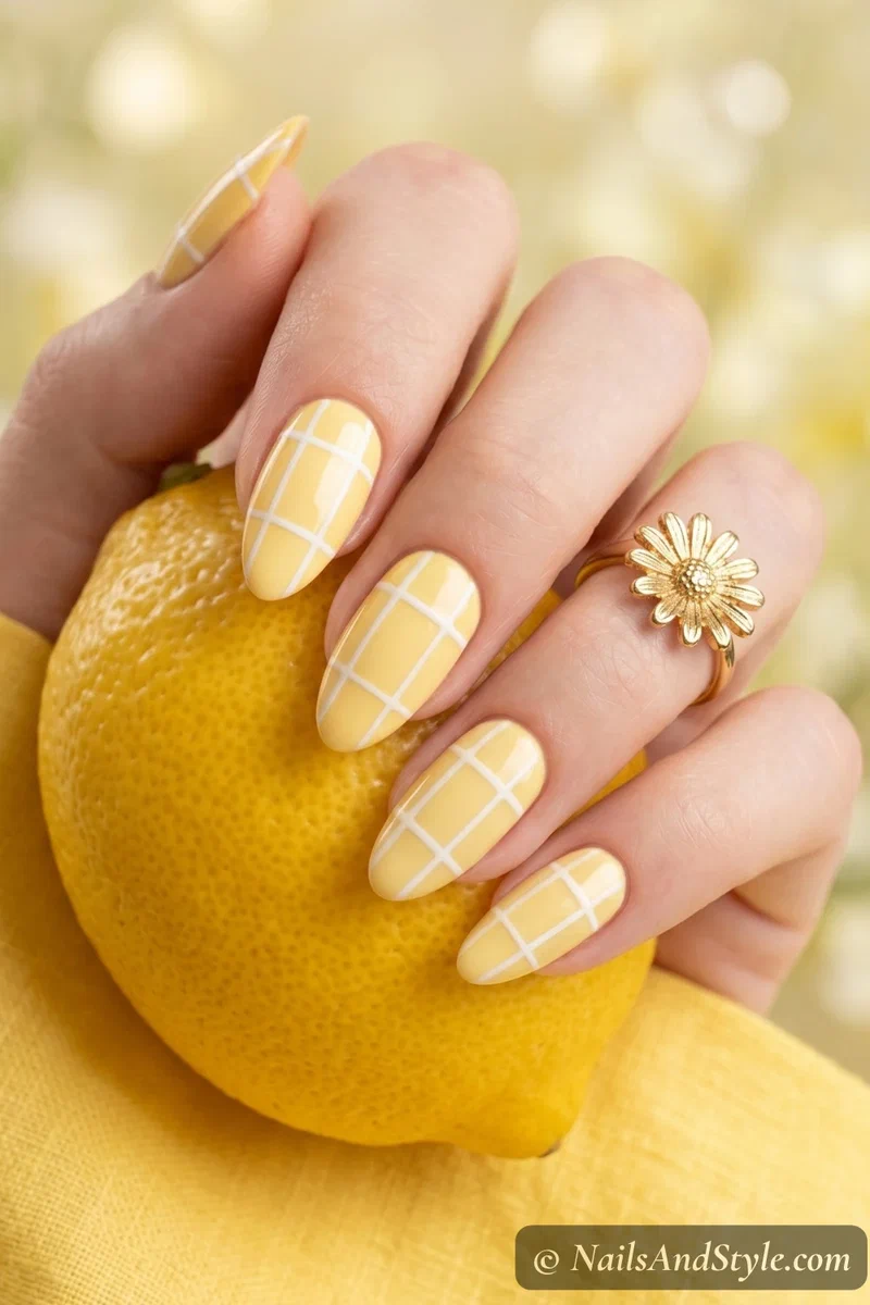 Sunny yellow checked plaid nails with white grid lines