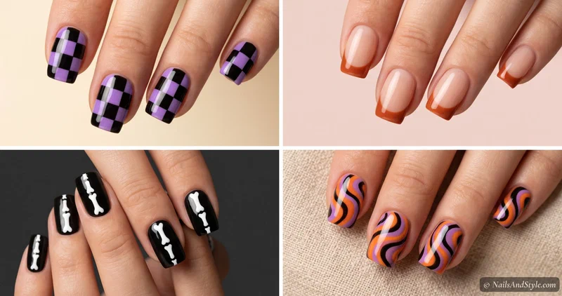 Square nails in a crisp black and orange checkerboard, shot as a clean graphic beauty close-up