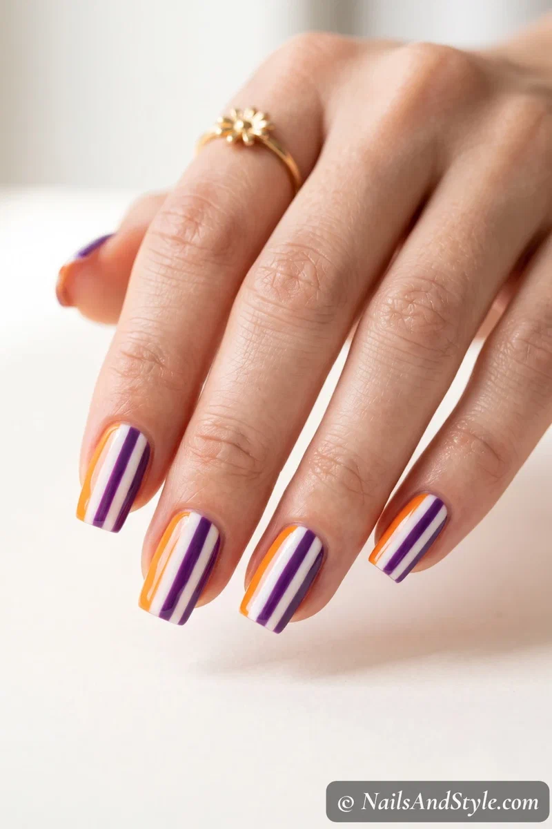 Square nails with vertical orange, white, and purple candy stripes