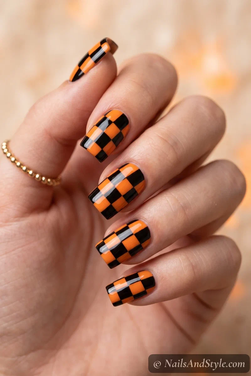 Square nails with a diagonal black and orange checkerboard