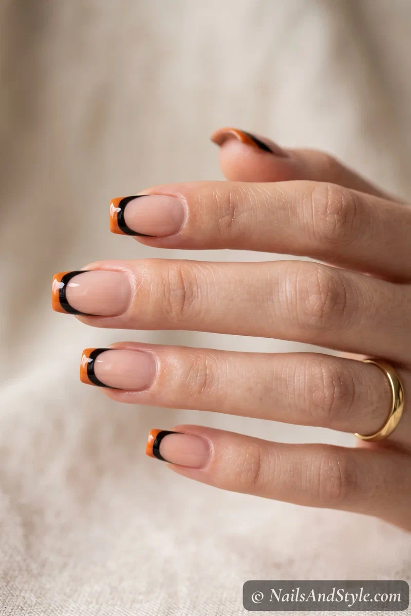 Square nails with a two-tone double French tip in orange and black