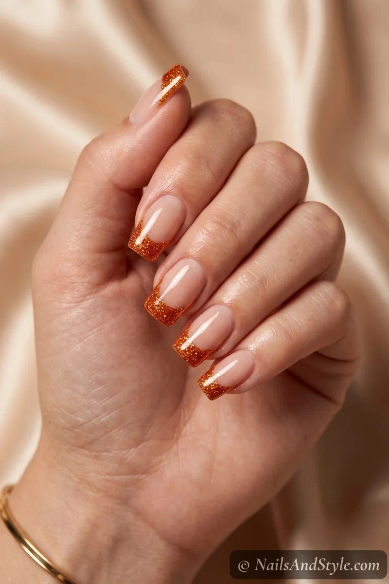Square nails with dense orange glitter French tips