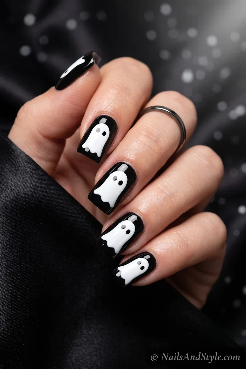 Square nails with one bold flat white ghost on black