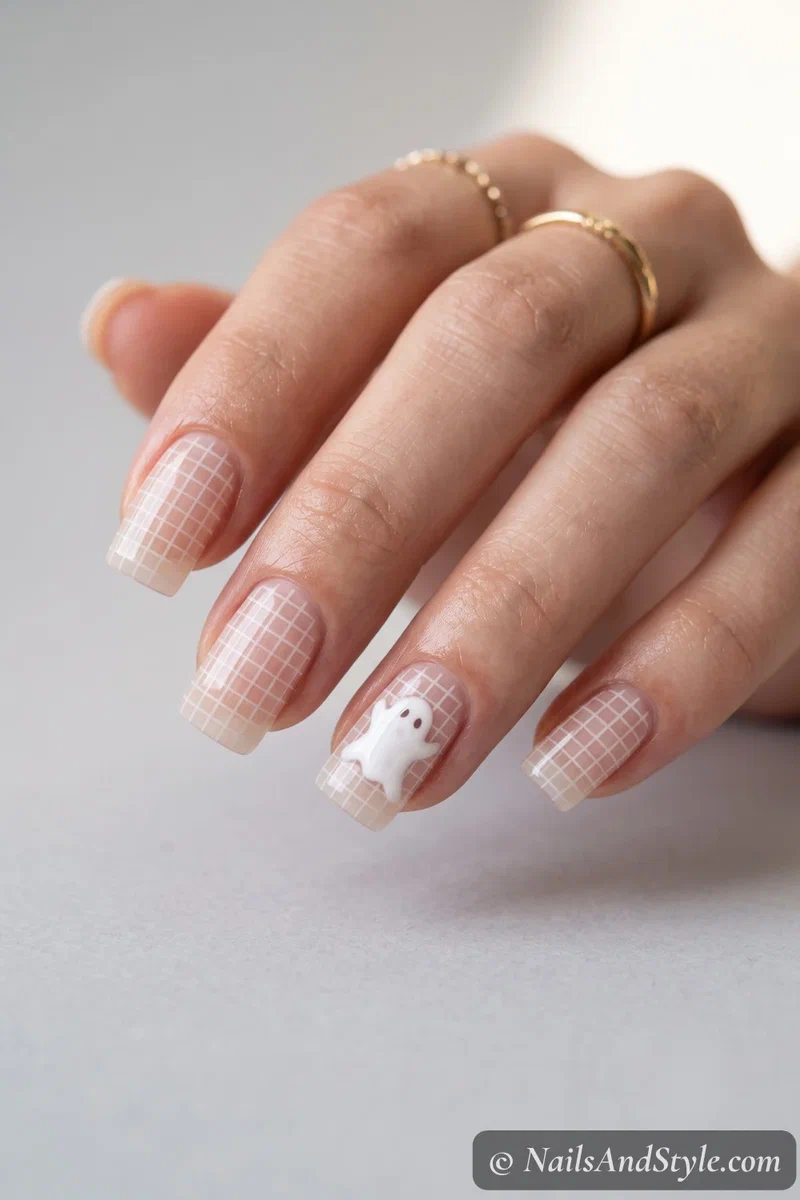 Square nails with a fine grid and a white ghost accent