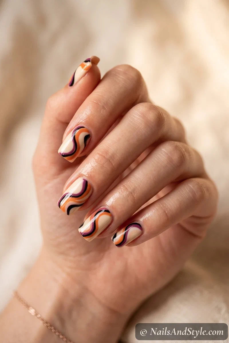 Square nails with retro 70s swirls in orange, purple, and black