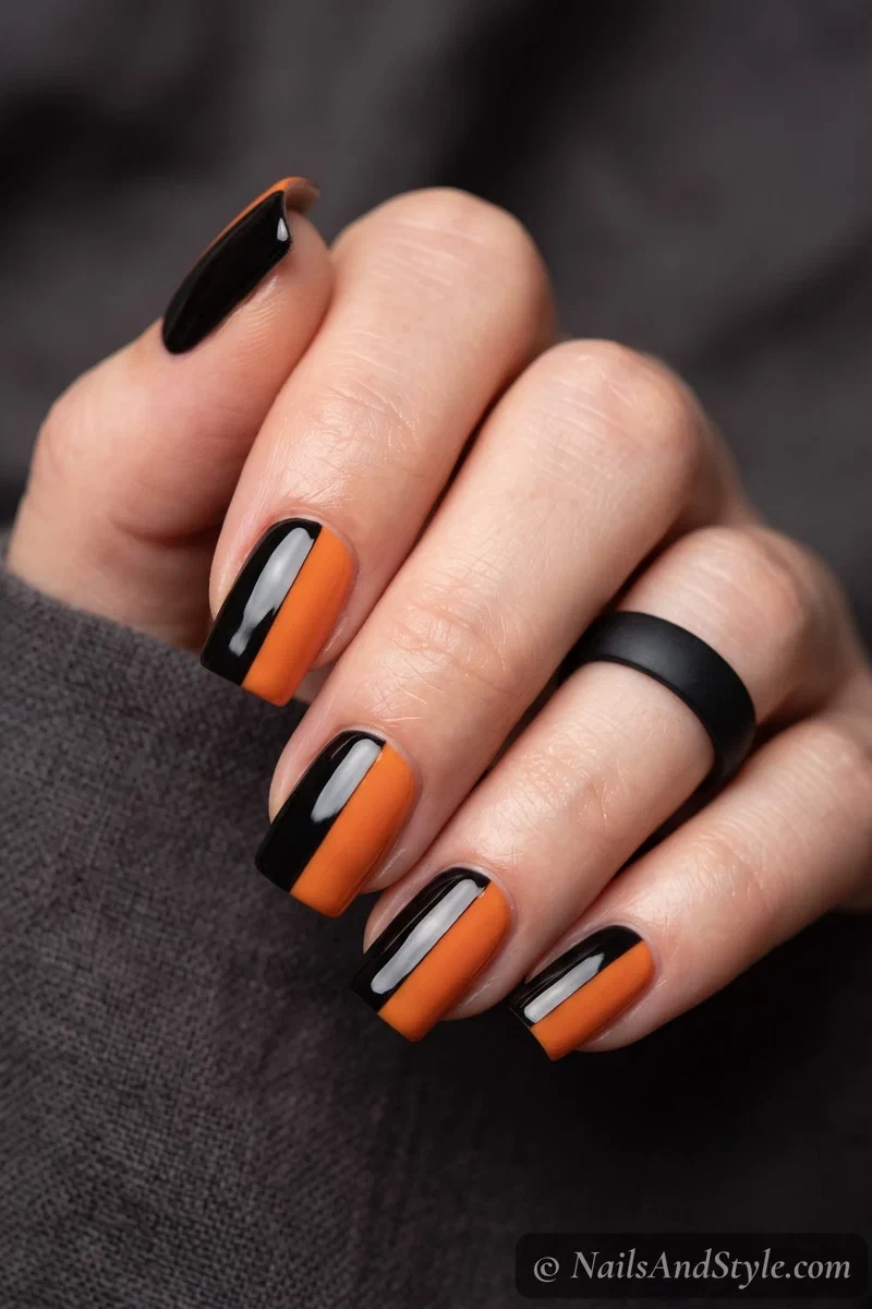 Square nails split half black and half orange down the middle