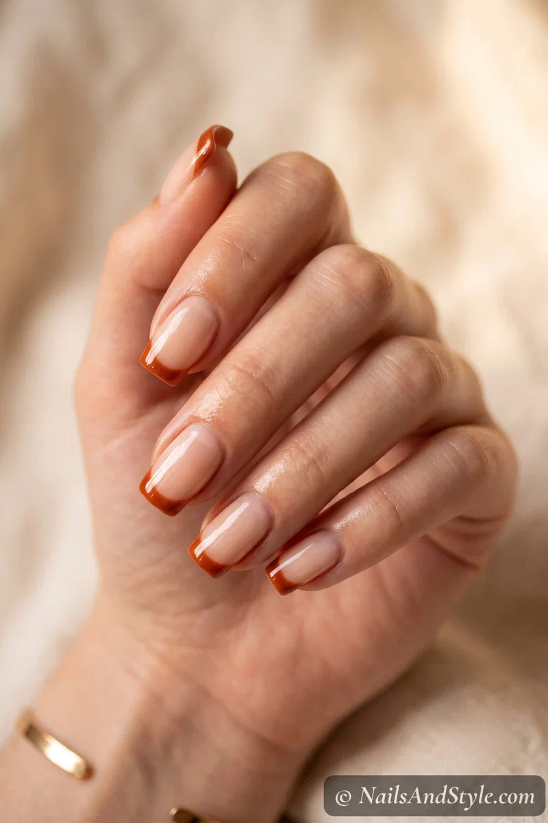 Square nails with clean burnt orange French tips