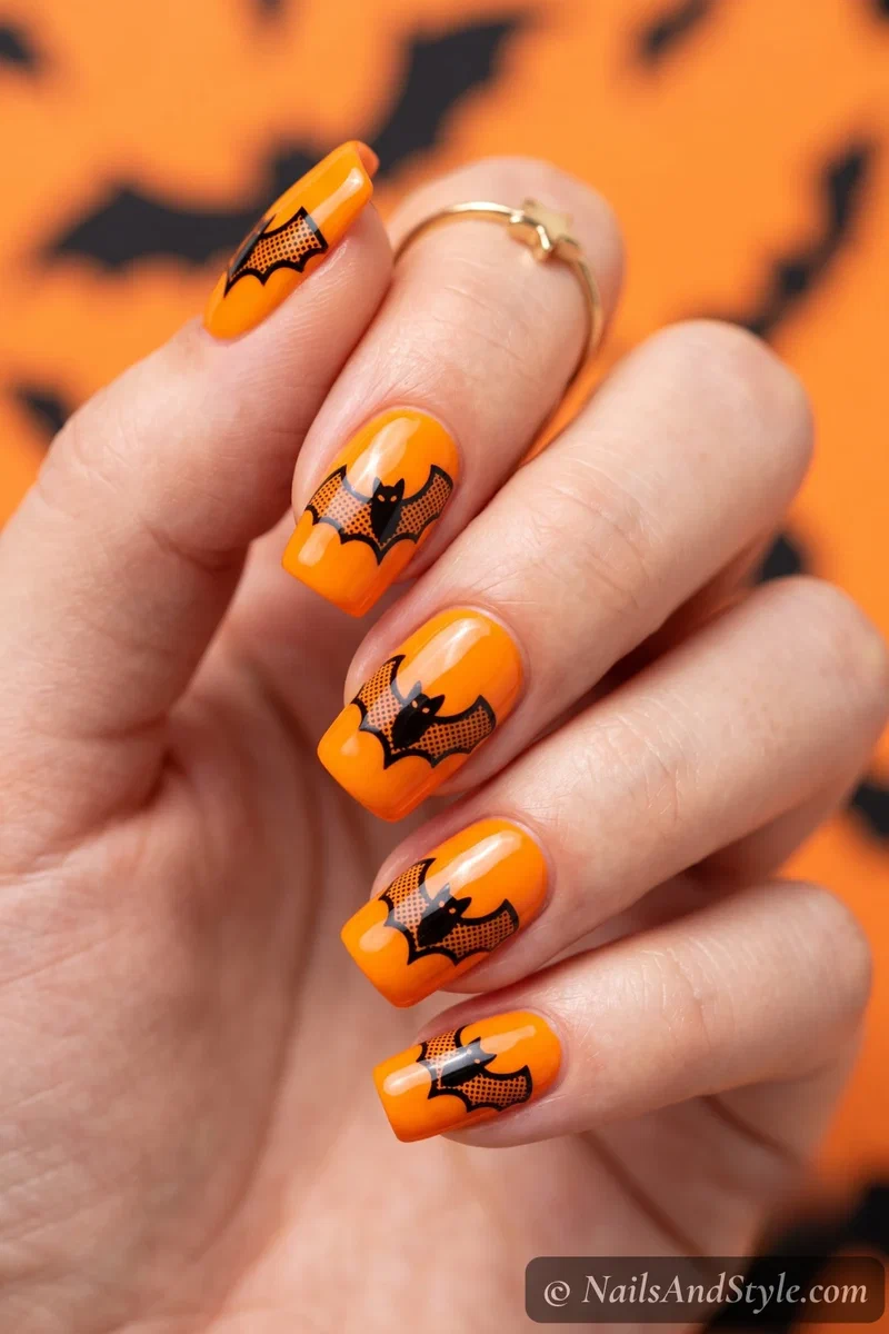 Square orange nails with a pop art comic style black bat