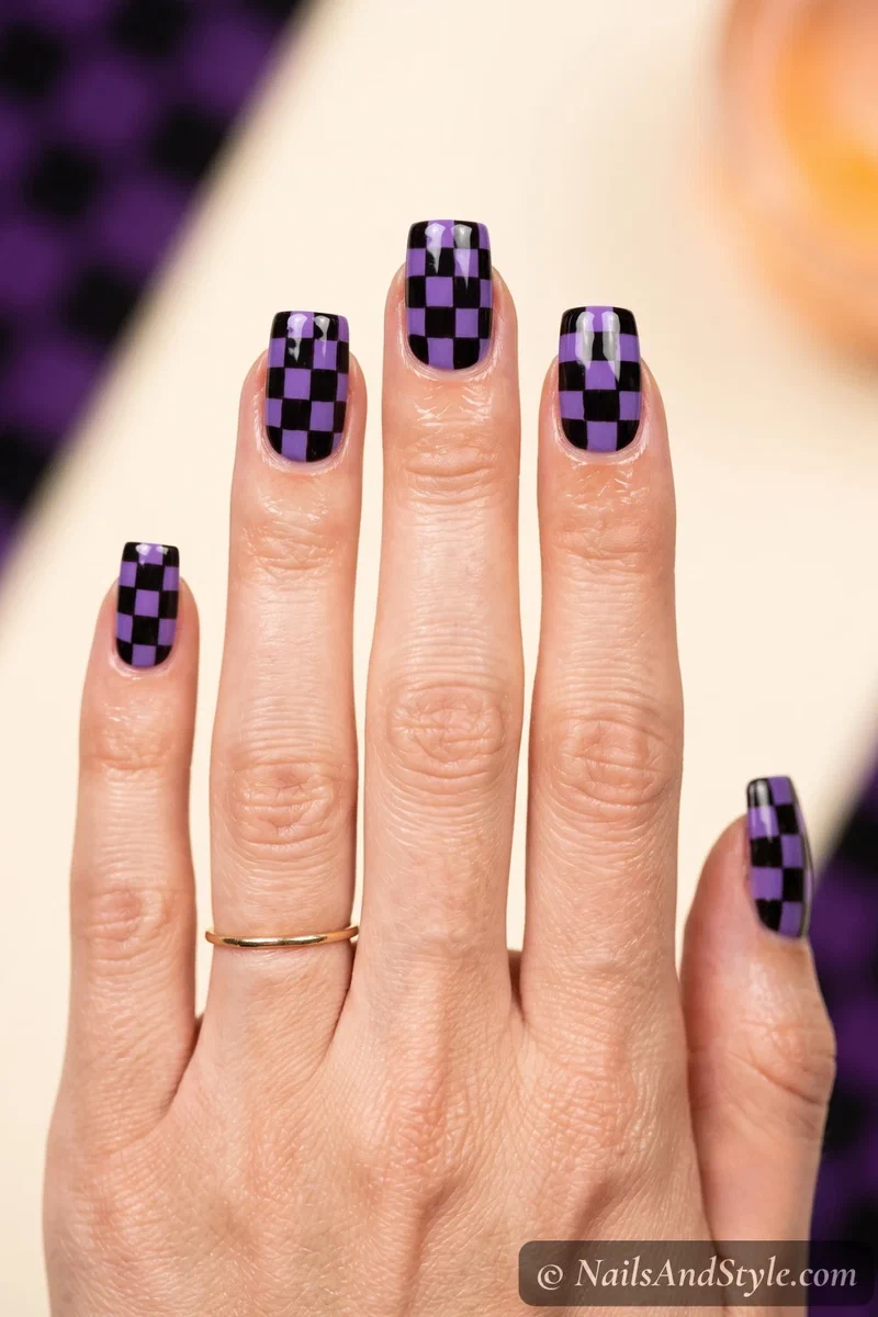 Square nails with a purple and black checkerboard pattern