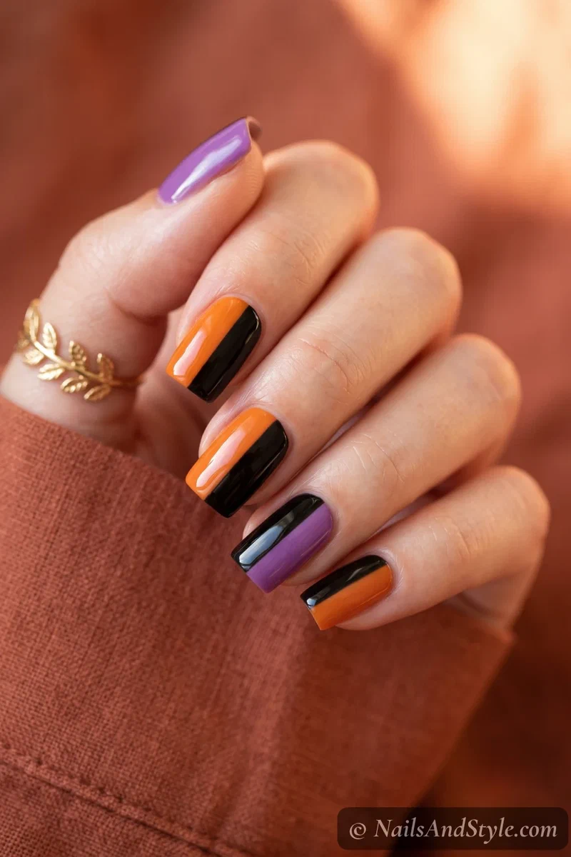 Square nails with orange, black, and purple color blocks