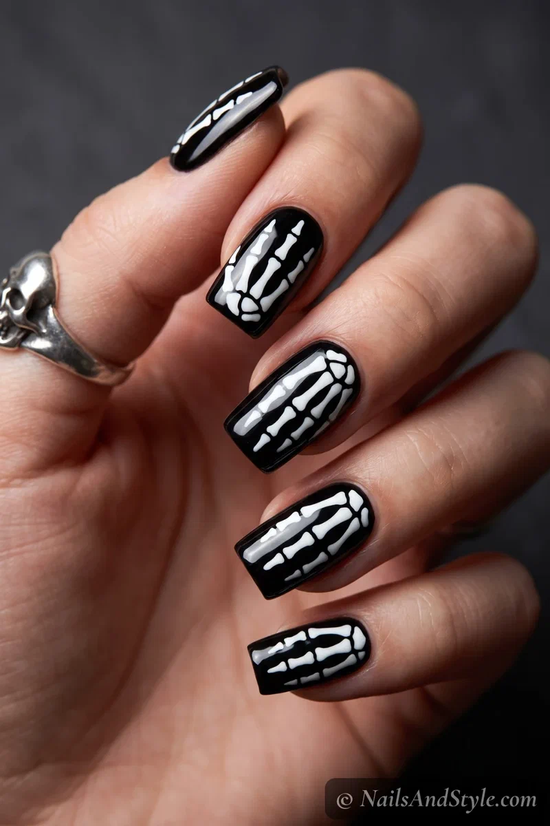 Square nails with a graphic white skeleton hand on black