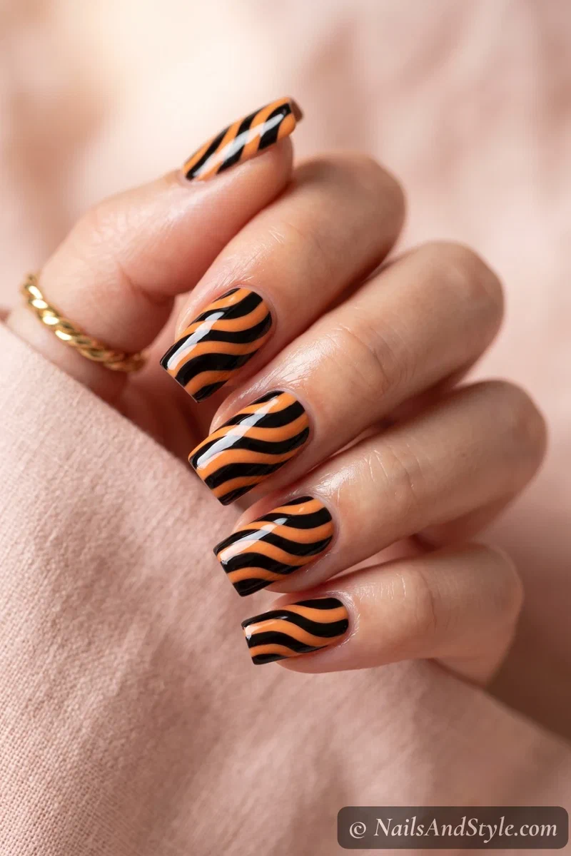 Square nails with wavy black and orange retro stripes