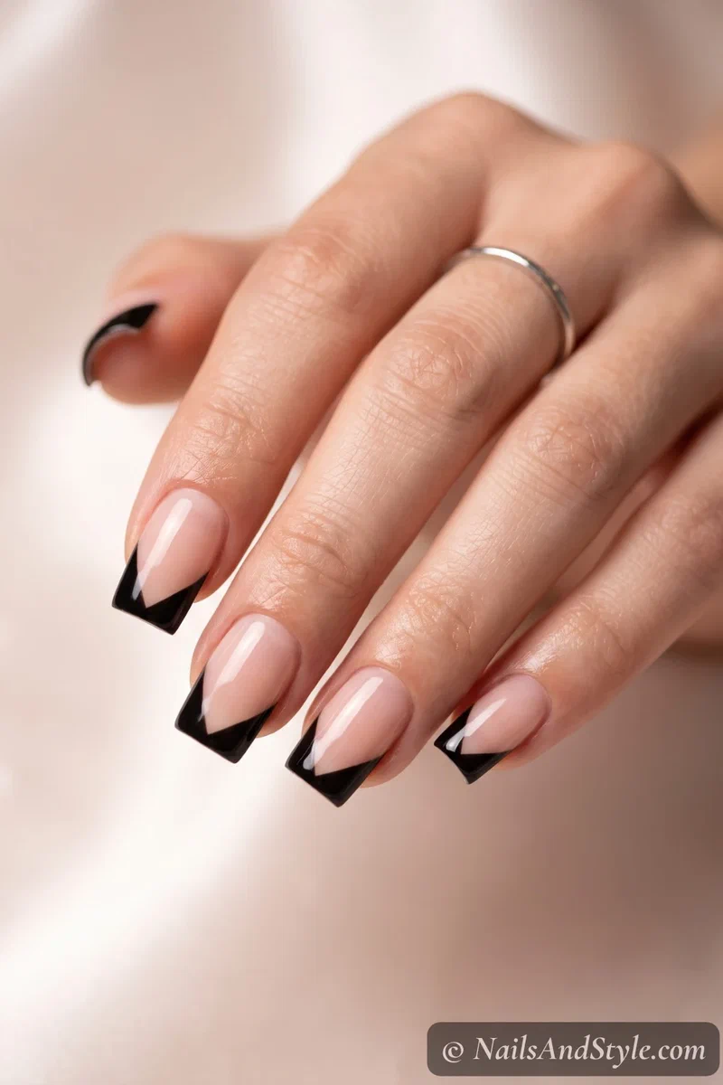 Square nails with a sharp zigzag black French tip