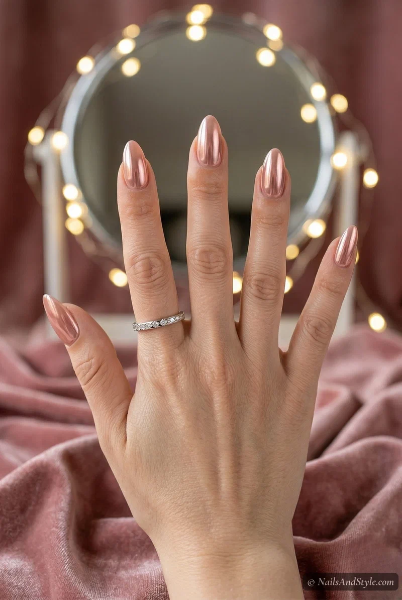 Blush pink chrome acrylic nails with warm rosy metallic finish