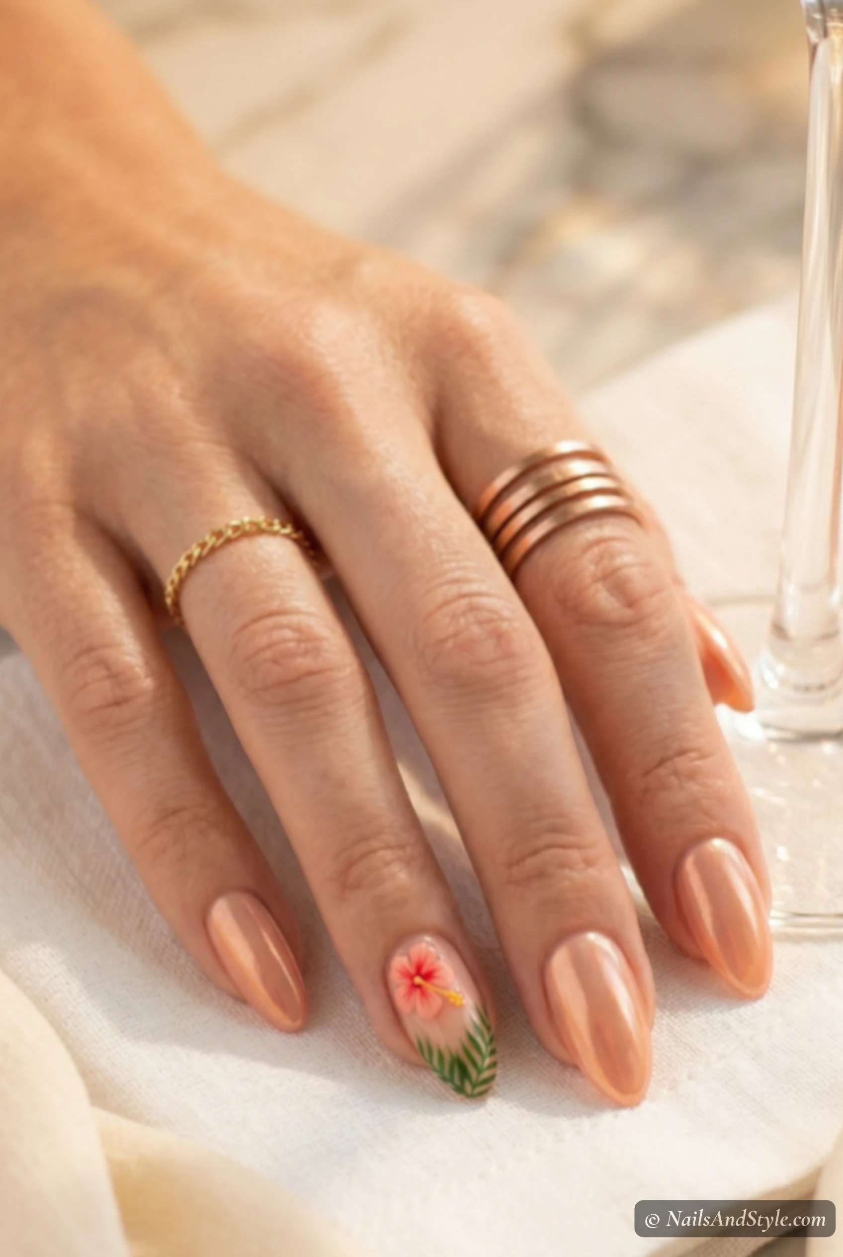 Glazed peach chrome acrylic nails