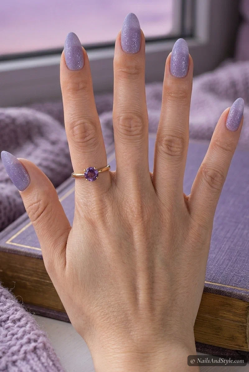 Icy lavender acrylic nails with frosty shimmer and matte finish