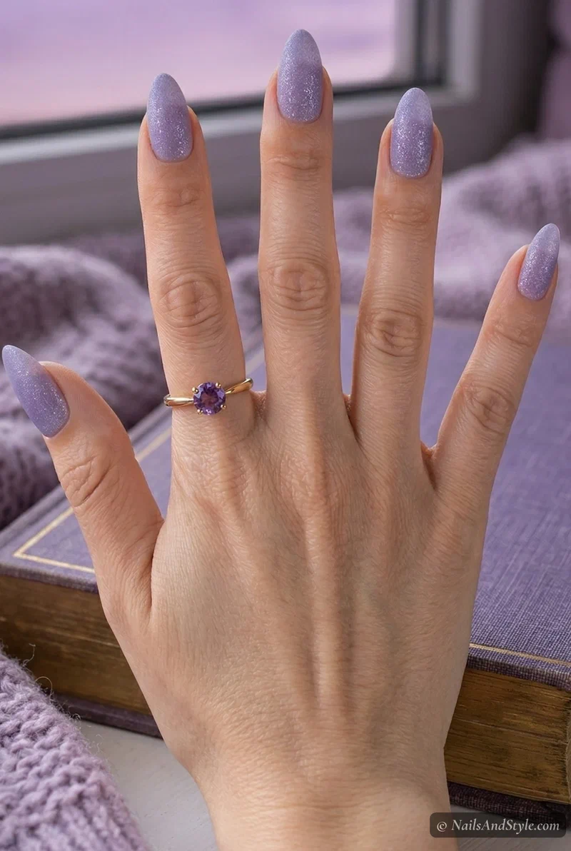 Icy lavender acrylic nails with frosty shimmer and matte finish
