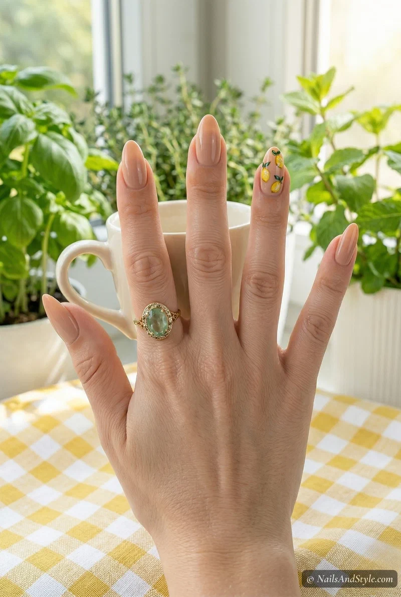 Nude acrylic nails with tiny hand-painted lemon accents